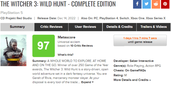 
                Вы не поверите, но некстген-обновление The Witcher 3 получило оценку критиков. У игры 97 баллов из 100
            